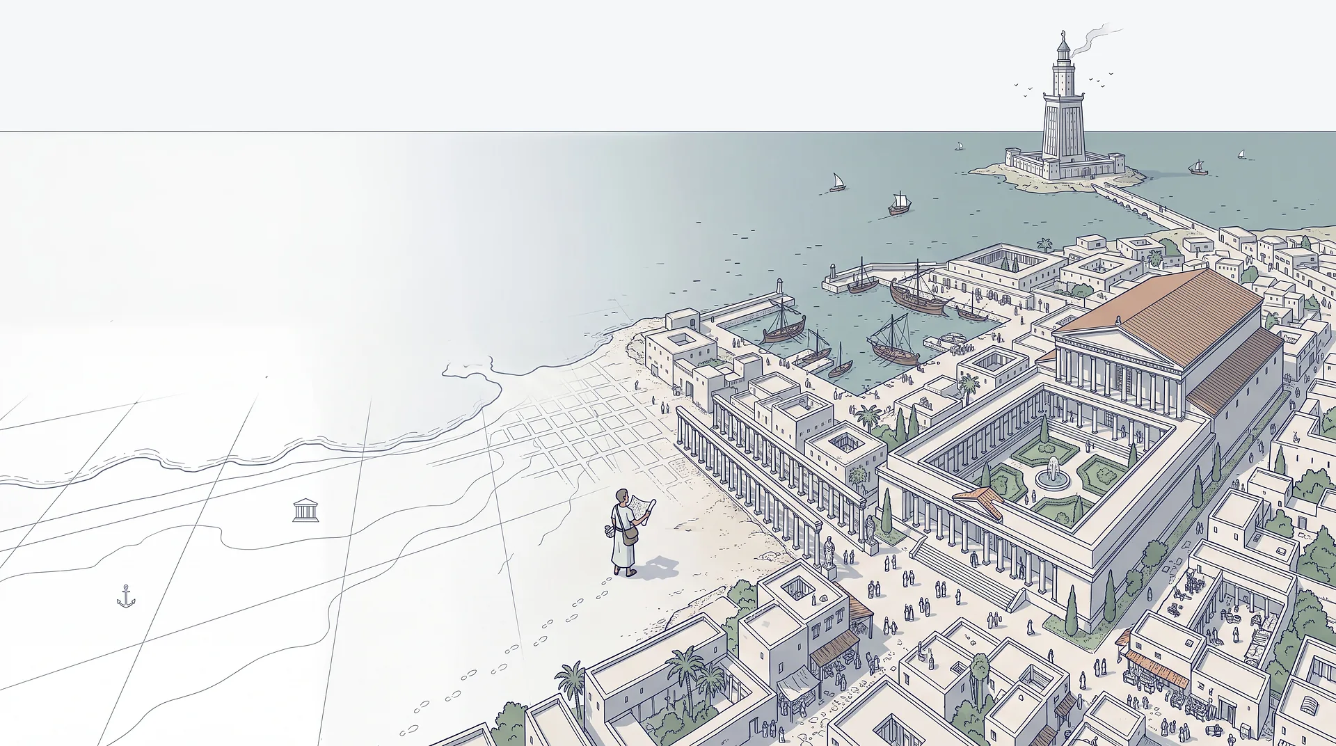 A cartographer's map of ancient Alexandria turns into the city it describes: the harbour, the Great Library and the Pharos lighthouse. A lone reader stands where the map ends.