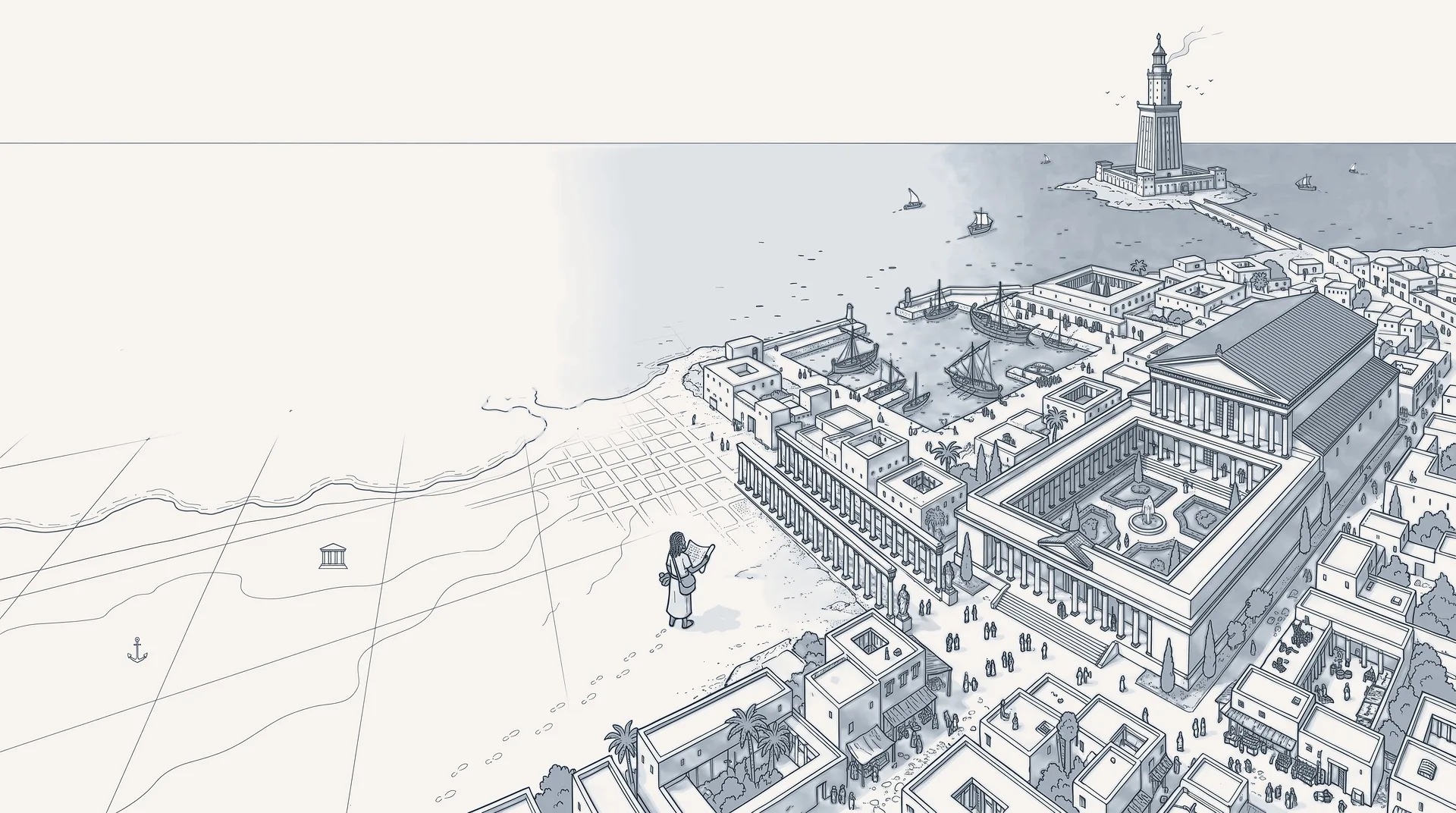 A cartographer's map of ancient Alexandria turns into the city it describes: the harbour, the Great Library and the Pharos lighthouse. A lone reader stands where the map ends.